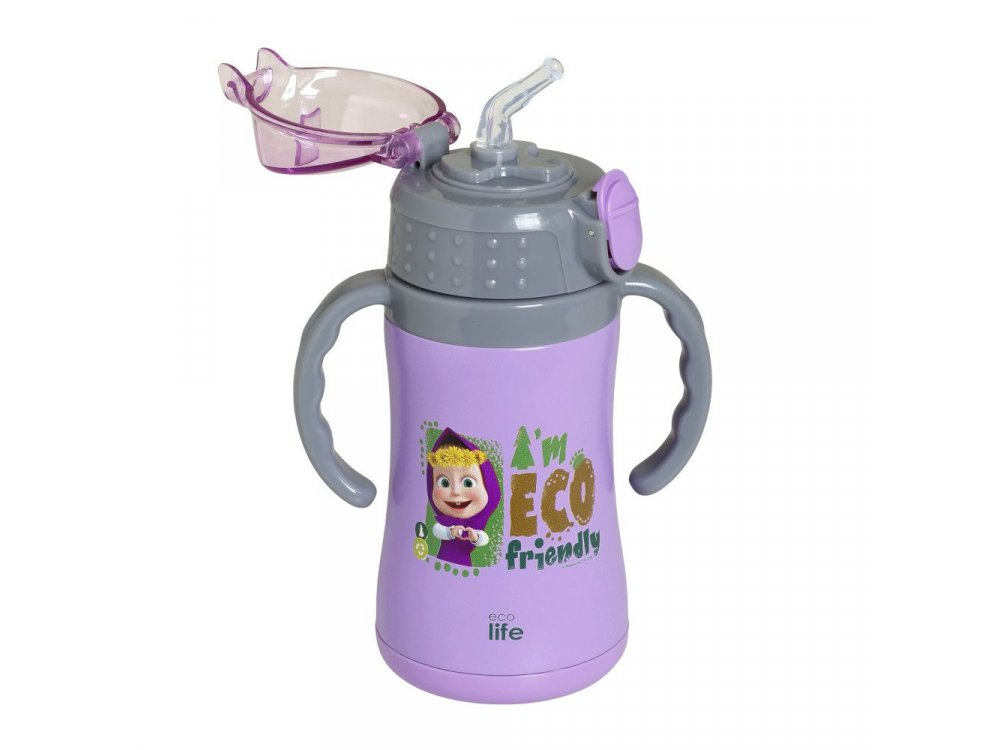 Ecolife Kids Thermos Masha-Eco Friendly, Ανοξείδωτο Παγούρι Θερμός με Καλαμάκι Λιλά, 300ml