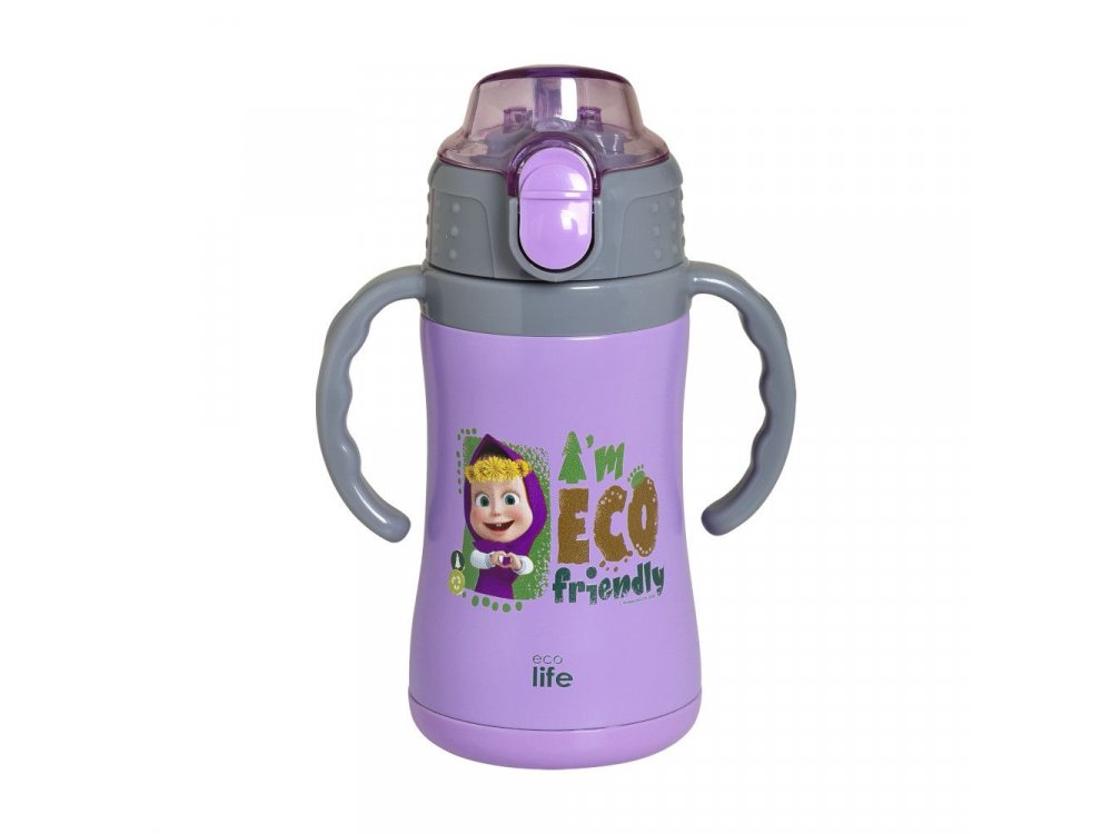 Ecolife Kids Thermos Masha-Eco Friendly, Ανοξείδωτο Παγούρι Θερμός με Καλαμάκι Λιλά, 300ml