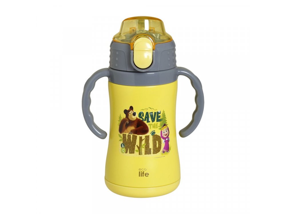 Ecolife Kids Thermos Masha-Save The Wild, Παγούρι Θερμός με Καλαμάκι Κίτρινο, 300ml