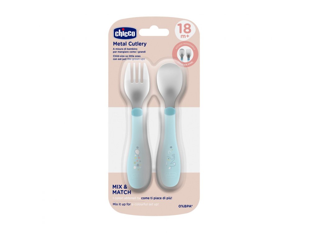 Chicco Σετ Πιρούνι-Κουτάλι Μεταλλικό για 18m+ Natural Σιέλ