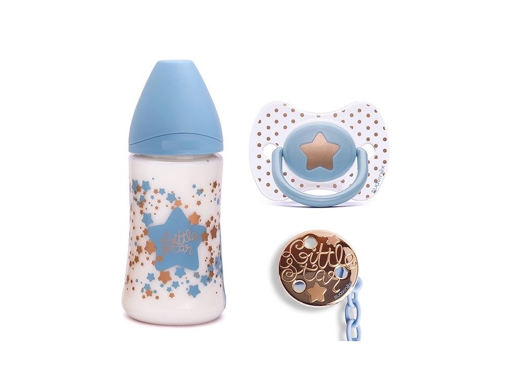 Suavinex Haute Couture Set, Little Star Γαλάζιο, Μπιμπερό + Πιπίλα + Κλίπ 0-4m+