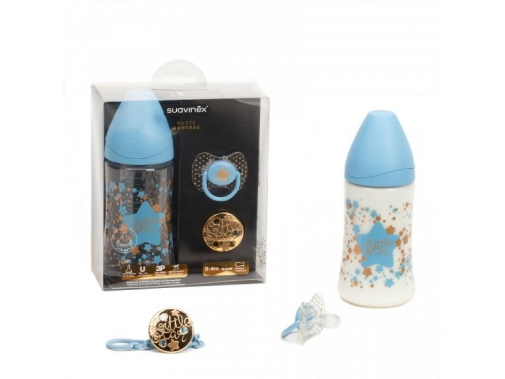 Suavinex Haute Couture Set, Little Star Γαλάζιο, Μπιμπερό + Πιπίλα + Κλίπ 0-4m+