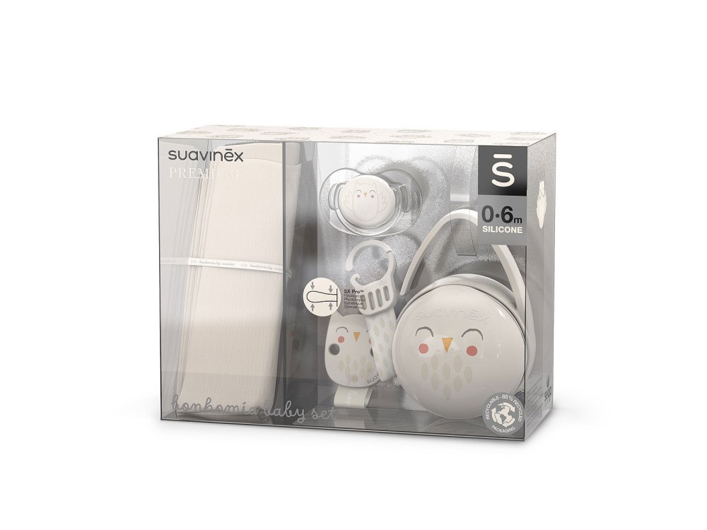 Suavinex Premium Bonhomia Grey Σετ Δώρου για Μωρά 0-6m με Πιπίλα 0-6m & Κλιπ Πιπίλας & Θήκη & Πανάκι Ώμου Μουσελίνα Γκρί, 4τμχ