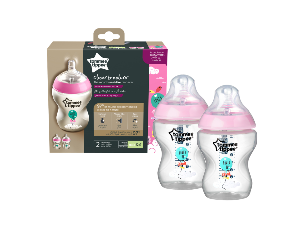 Tommee Tippee Closer to Nature Μπιμπερό Μικρής Ροής με Σχέδιο Κορίτισι 0m+, 2x260ml, 1σετ
