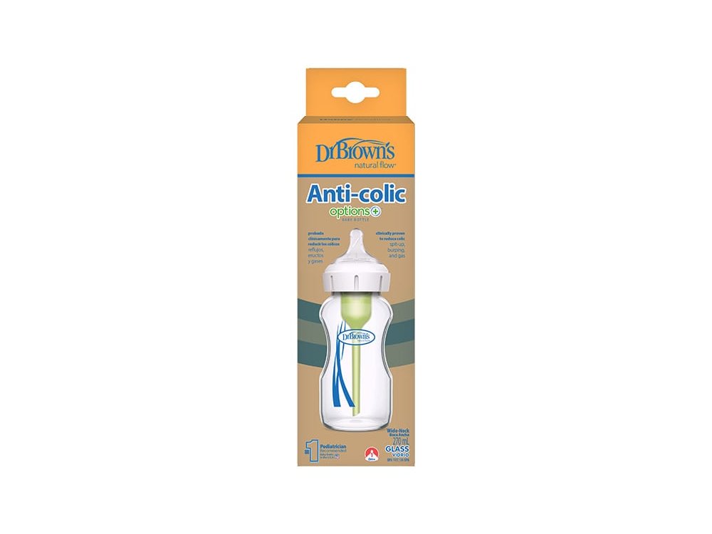 Dr. Brown's Anti-colic Options+, Γυάλινο Μπιμπερό με Φαρδύ Λαιμό & Θηλή Σιλικόνης, 270ml