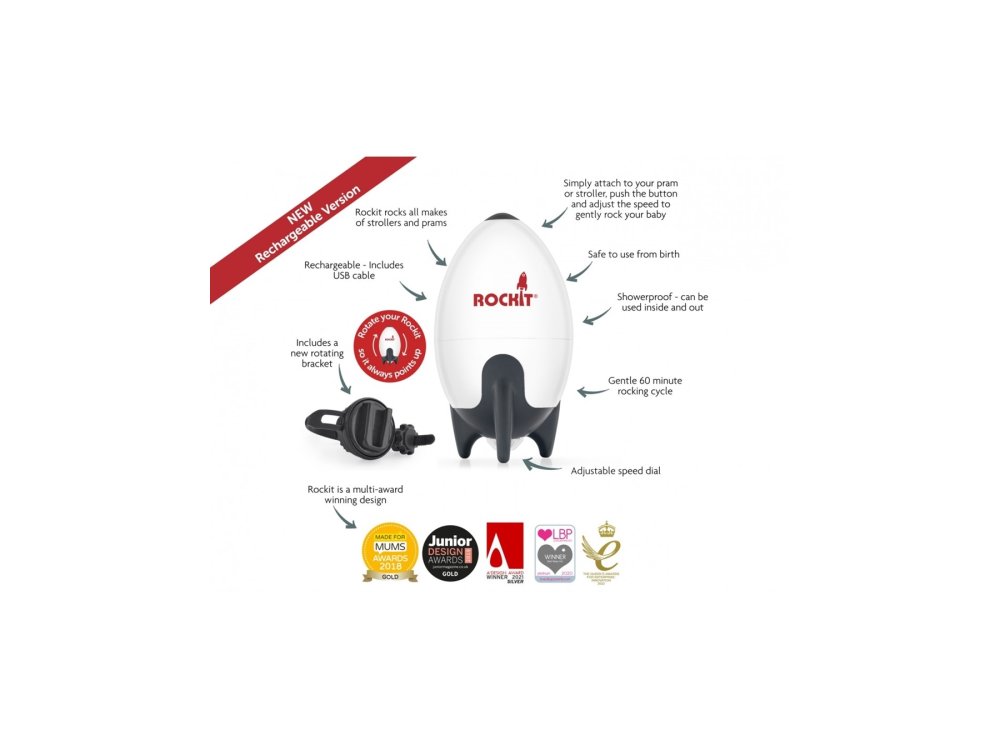 Rockit Rocker Rechargable Portable Baby Rocker V2 Επαναφορτιζόμενο, Σύστημα Δόνησης Καροτσιού, 1τμχ