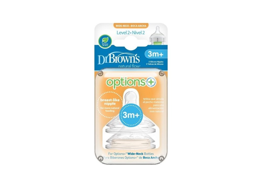 Dr. Brown's Θηλές Options+, 3m+, Επίπεδο 2, με Φαρδύ Λαιμό, 2τμχ