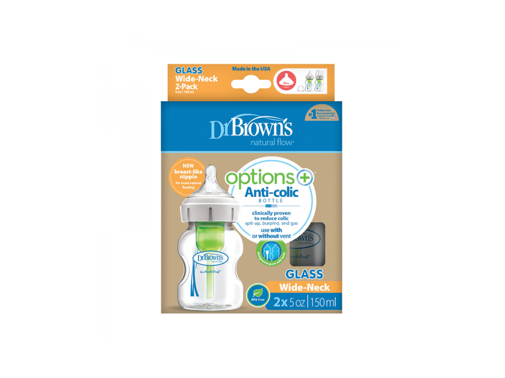 Dr. Brown's Promo Pack Options+, Γυάλινο Μπιμπερό με Φαρδύ Λαιμό, 0m+, 150ml, 2τμχ