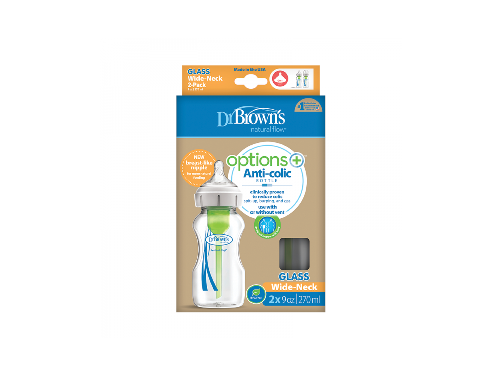 Dr. Brown's Promo Pack Options+, Γυάλινο Μπιμπερό με Φαρδύ Λαιμό, 0m+, 270ml, 2τμχ