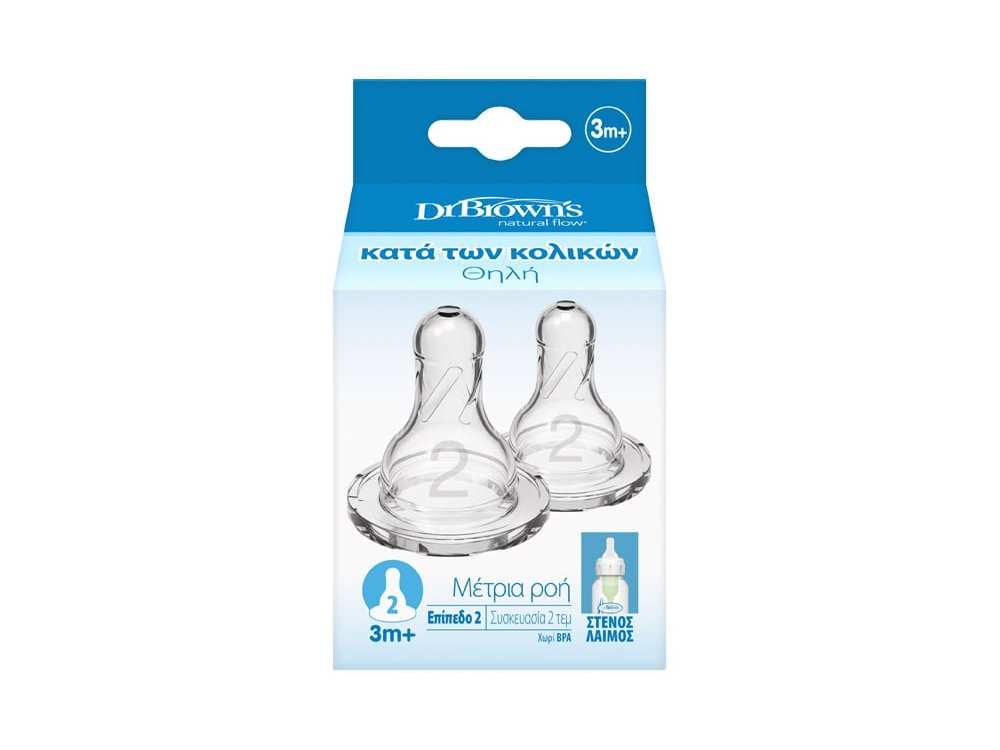Dr. Brown's Anti-Colic Θηλές Σιλικόνης για Μπιμπερό με Στενό Λαιμό 3m+, 2τμχ