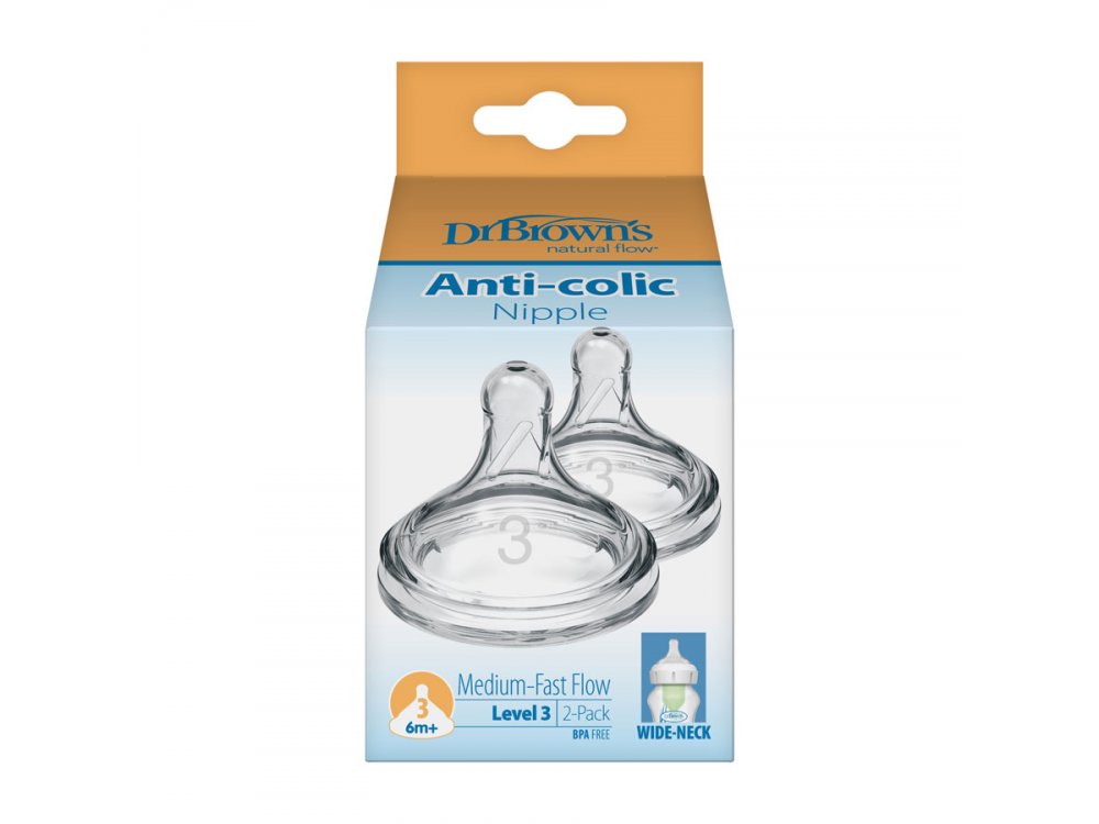Dr. Brown's Anti-Colic Θηλές Σιλικόνης για Μπιμπερό με Φαρδύ Λαιμό 6m+, 2τμχ