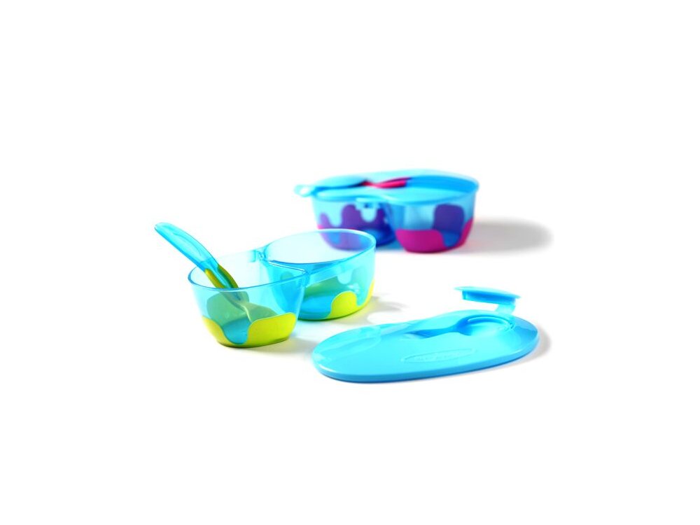 BabyOno Two-Chamber Bowl - Spoon,  Μπολάκι με δύο θήκες και κουταλάκι, Μπλέ