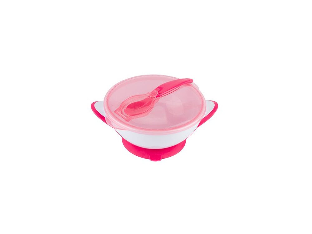 BabyOno Suction Bowl - Spoon, Τάπερ αποθήκευσης και μεταφοράς με κουτάλι, Ρόζ