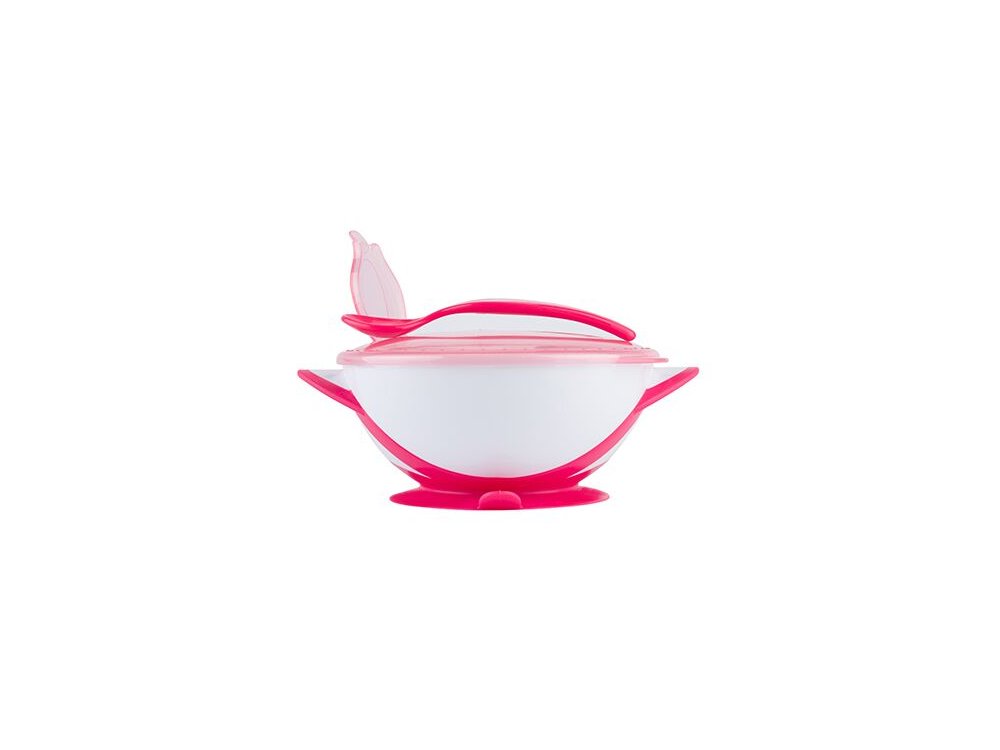 BabyOno Suction Bowl - Spoon, Τάπερ αποθήκευσης και μεταφοράς με κουτάλι, Ρόζ