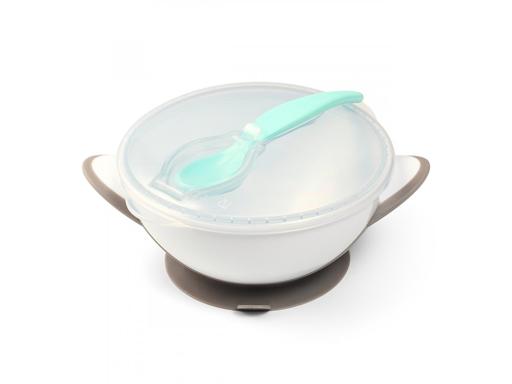 BabyOno Suction Bowl - Spoon, Τάπερ αποθήκευσης και μεταφοράς με κουτάλι, Γκρί