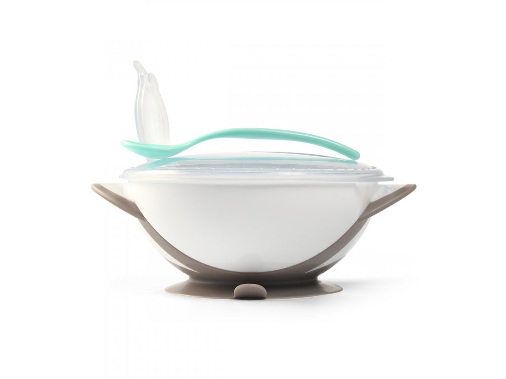 BabyOno Suction Bowl - Spoon, Τάπερ αποθήκευσης και μεταφοράς με κουτάλι, Γκρί