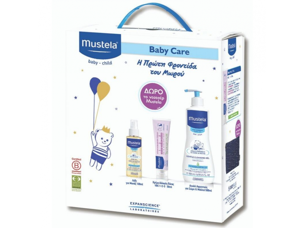 Mustela Set Baby Care Gentle Cleansing Gel 500ml + Κρέμα Αλλάγής Πάνας VBC1-2-3 50ml + Λάδι για Μασάζ 100ml + Δώρο Νεσεσέρ Mustela
