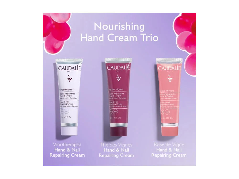 Caudalie X-mas Hand & Nail Repairing Cream Vinotherapist Κρέμες Χεριών για Ξηρές Επιδερμίδες 30ml & Thé des Vignes 30ml & Rose de Vigne 30ml