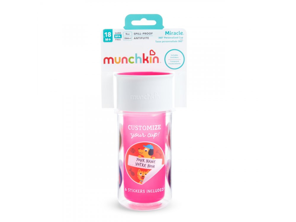 Munchkin Ισοθερμικό Pink Miracle Sippy Cup με Αυτοκόλλητα, Ρόζ 266ml