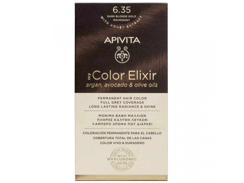 Apivita My Color Elixir, Μόνιμη Βαφή Μαλλιών No 6.35 Ξανθό Σκούρο Μελί Μαονί, 1 τεμάχιο