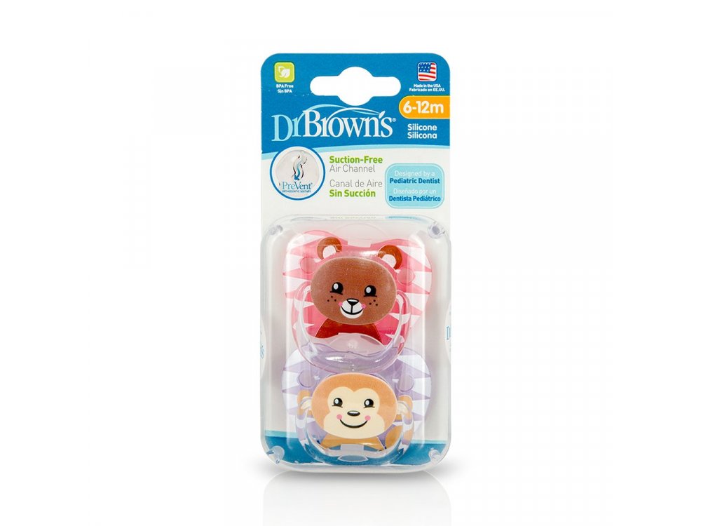 Dr. Brown's Ορθοδοντική Πιπίλα Σιλικόνης, (6-12m), Ροζ-Ζωάκια, 2τμχ