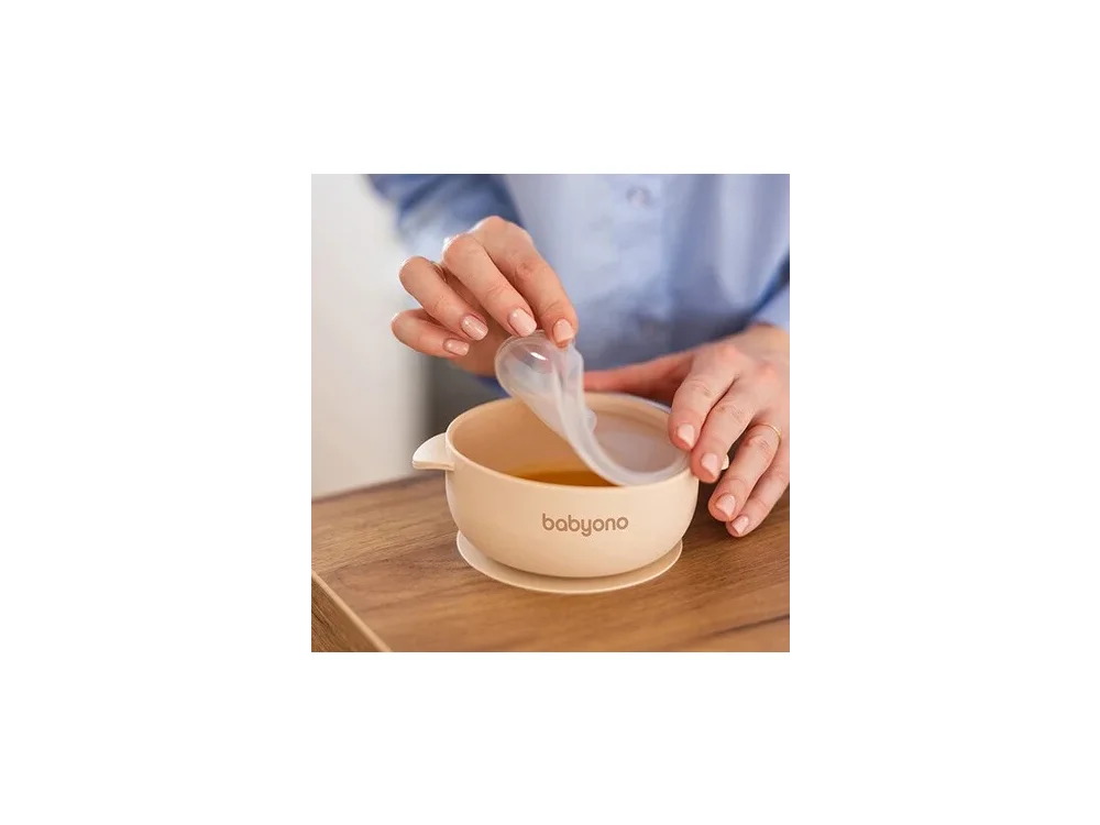 BabyOno: Μπολάκι σιλικόνης με λαβές, καπάκι & βάση με βεντούζα - Μπεζ, 1τμχ