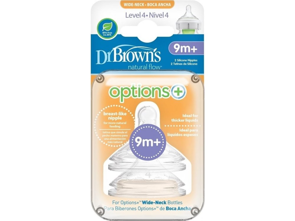Dr. Brown's Θηλές Options+, 9m+, Επίπεδο 4, με Φαρδύ Λαιμό, 2τμχ
