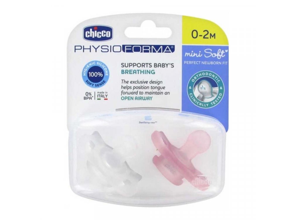 Chicco Πιπίλα Όλο Σιλικόνη Physio Mini Soft/Ροζ 0-2 Μηνών 2Τμχ