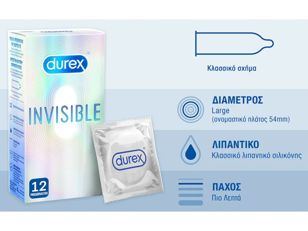 Durex Invisible Extra, Λεπτά Extra Ευαίσθητα Προφυλακτικά, 12τμχ