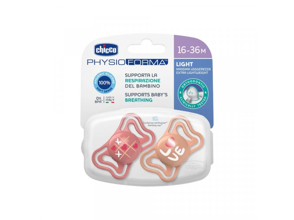 Chicco PhysioForma Light Πιπίλα Σιλικόνης Ροζ-Πορτοκαλί 16-36m, 2τμχ