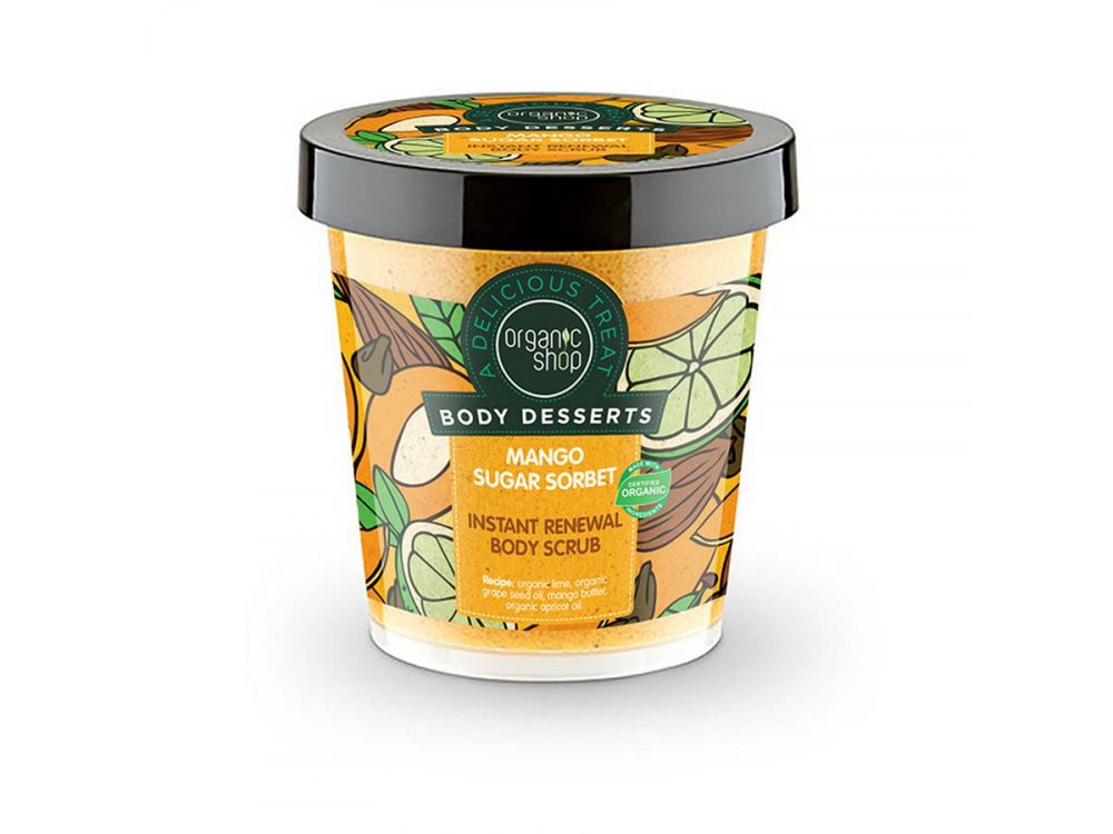 Organic Shop Body Desserts Mango Sugar Sorbet, Μάνγκο & Ζάχαρη Απολεπιστικό σώματος άμεσης ανανέωσης, 450ml
