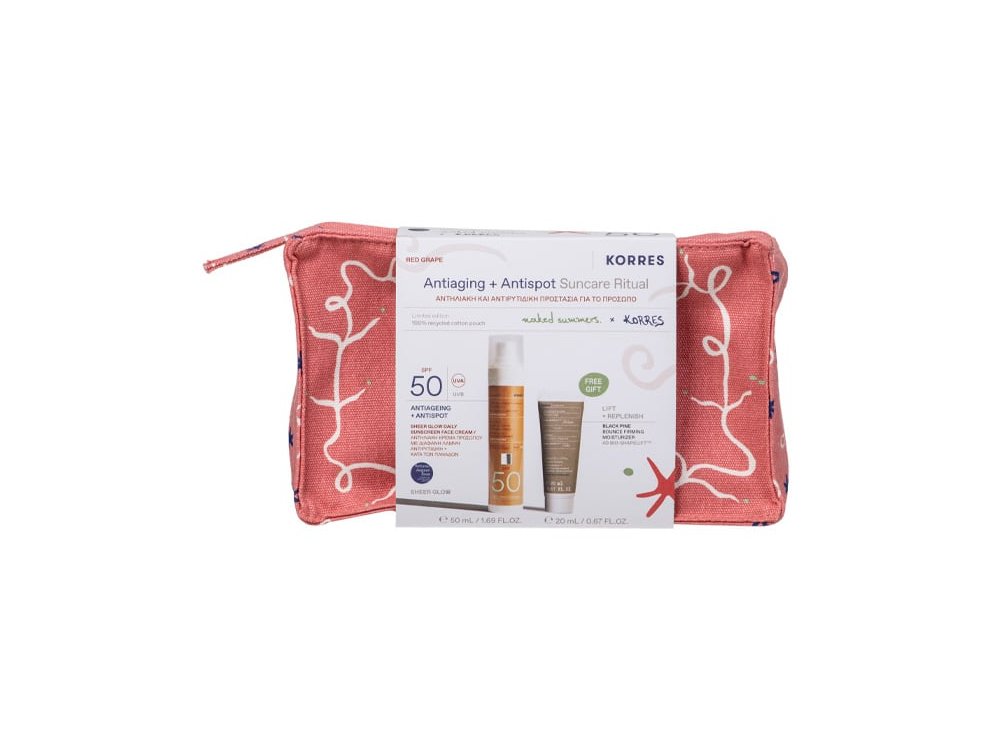 Korres Promo Antiaging & Antispot Suncare Ritual Αντηλιακή & Αντιρυτιδική Προστασία με Red Grape Sheer Glow Αντηλιακή Κρέμα Προσώπου SPF50, 50ml, Black Pine Κρέμα Ημέρας για Σύσφιξη & Lifting, 20ml & Δώρο Naked Summers x Korres Νεσεσέρ, 1τεμ, 1σετ