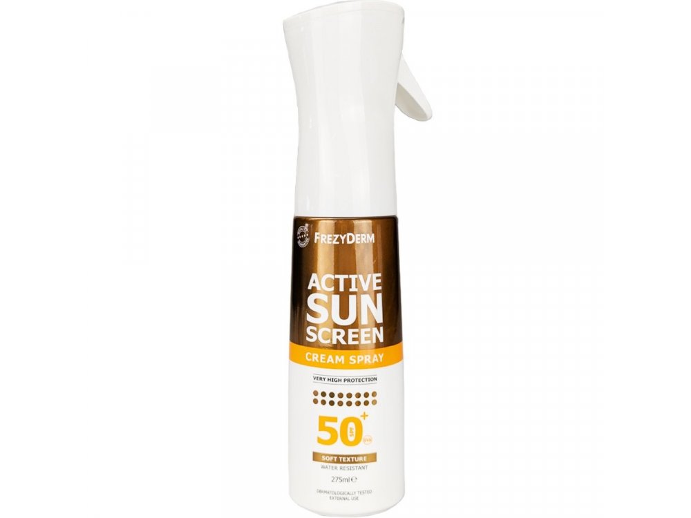 FREZYDERM Active Spf50+ Sunscreen Cream Spray, Αντηλιακό Σπρέι Πολύ Υψηλής Προστασίας σε Μορφή Απαλής Κρέμας για Χρυσαφένιο Μαύρισμα -275ml