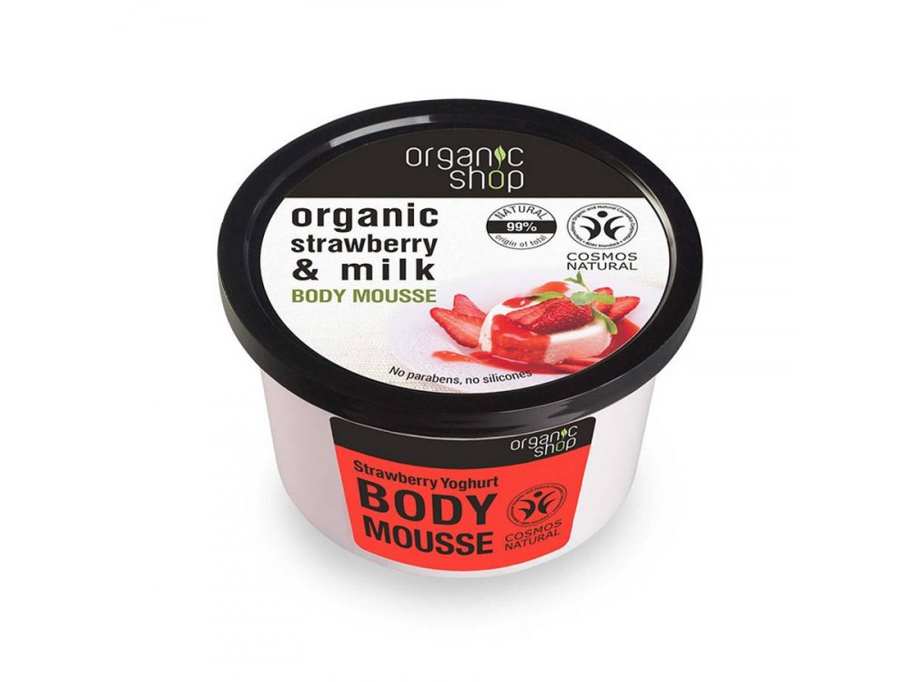 Organic Shop Strawberry Yoghurt Body Mousse, Βιολογική φράουλα & γάλα, Body Mousse, 250ml