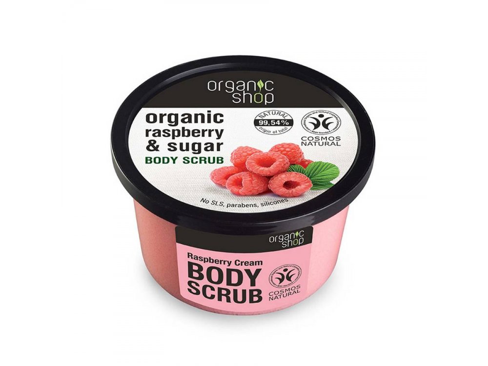 Organic Shop Body scrub Raspberry Cream, Scrub σώματος Βατόμουρου και Ζάχαρη, 250ml