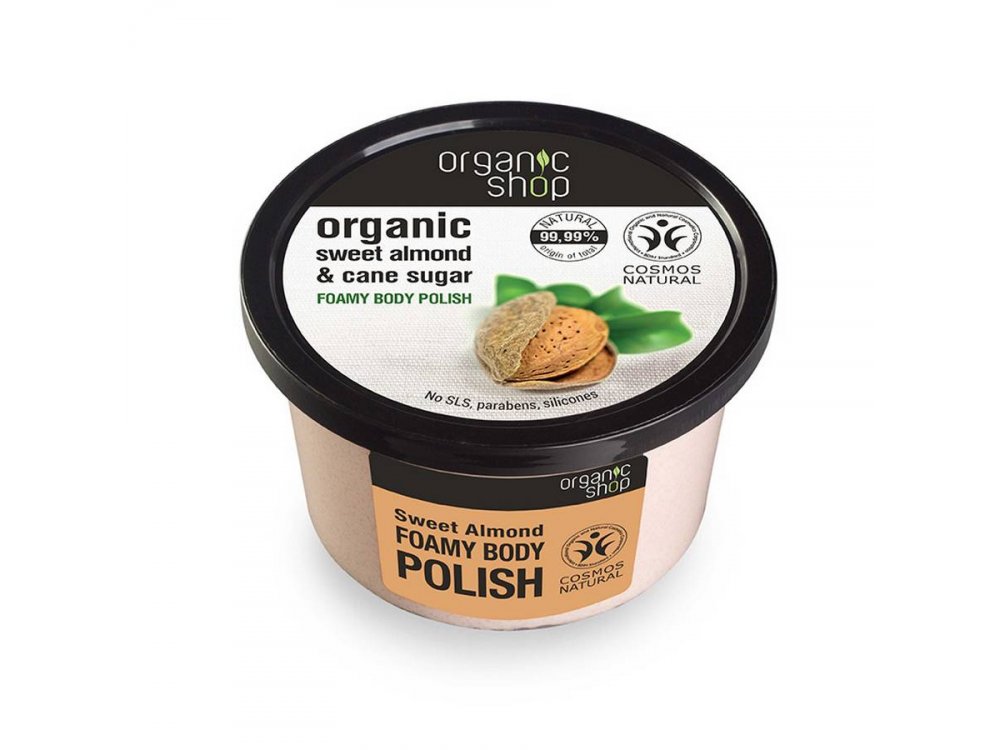 Organic Shop Body polish Sweet Almond, Αφρώδες  Scrub σώματος,  Γλυκό Αμύγδαλο & Ζάχαρη Ζαχαροκάλαμου, 250ml