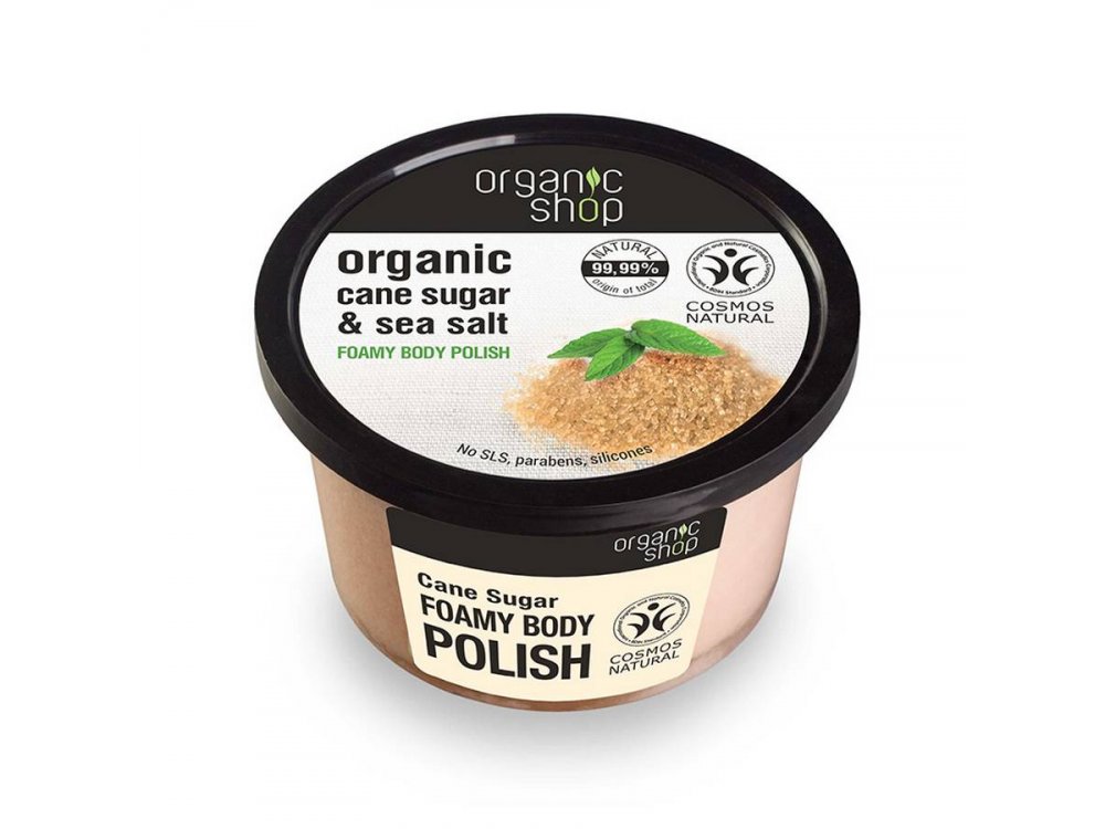 Organic Shop Foamy Body Polish Cane Sugar, Αφρώδες Scrub Σώματος , Ζάχαρη Ζαχαροκάλαμου & Θαλασσινό Αλάτι, 250ml