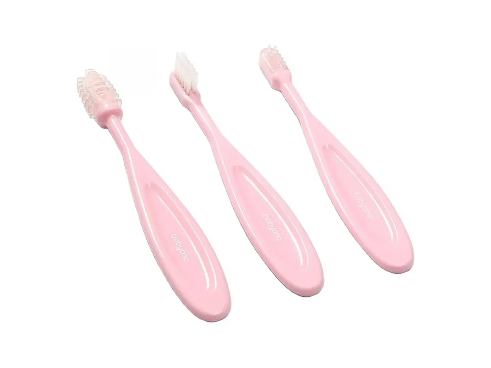 BabyOno ToothBrushes Set, Σετ 3 Οδοντόβουρτσες από 3m+, Ρόζ