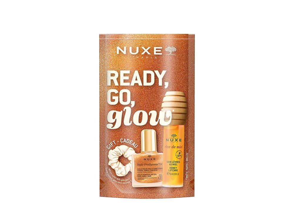 Nuxe Promo Ready, Go, Glow με Reve De Miel Honey Lip Care Oil Gloss για Ενυδάτωση Χειλιών, 10ml, Huile Prodigieuse Or Ιριδίζον Ξηρό Λάδι Ενυδάτωσης για Πρόσωπο, Σώμα & Μαλλιά, 10ml & Δώρο Λαστιχάκι Μαλλιών, 1τμχ