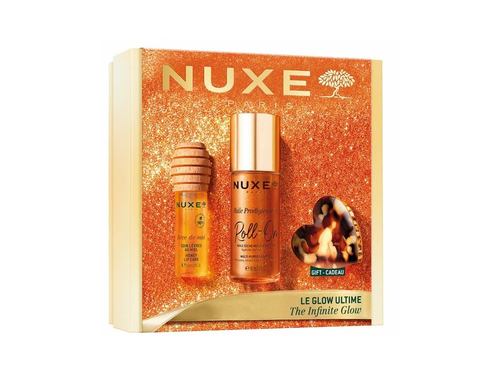Nuxe Xmas Promo the Infinity Glow Huile Prodigieuse Or Ιριδίζον Ξηρό Λάδι για Πρόσωπο, Σώμα & Μαλλιά σε Roll On, 60ml, & Honey Lip Care Reve De Miel Honey Lip Care Oil Gloss για Ενυδάτωση Χειλιών, 10ml & Δώρο Κλιπ Μαλλιών, 1τμχ, 1σετ