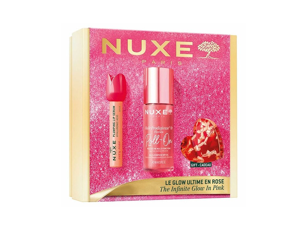 Nuxe Xmas Promo The Infinity Glow in Pink με Huile Prodigieuse Or Florale Roll On Ιριδίζον Ξηρό Λάδι για Πρόσωπο, Σώμα & Μαλλιά σε Roll On, 60ml, Very Rose Lip Plumping Serum για Όγκο Χειλιών, 8ml, & Δώρο Ροζ Κλιπ Μαλλιών, 1τεμ, 1σετ