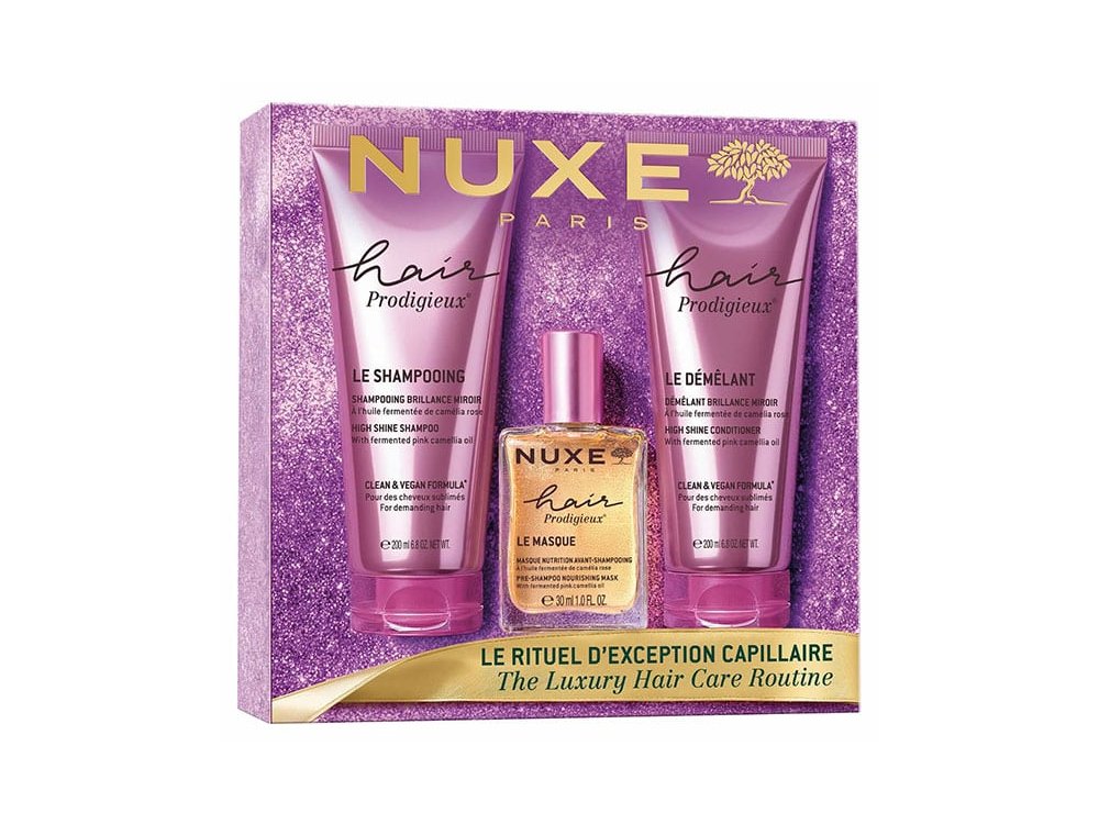 Nuxe Xmas Promo Hair Prodigieux με High Shine Shampoo Σαμπουάν Λάμψης με Εκχύλισμα Ελαίου Ροζ Καμέλιας, 200ml, Conditioner για Λάμψη & Ενυδάτωση, 200ml, & Pre-Shampoo Nourishing Mask Μάσκα Θρέψης Πριν το Σαμπουάν 30ml, 1σετ