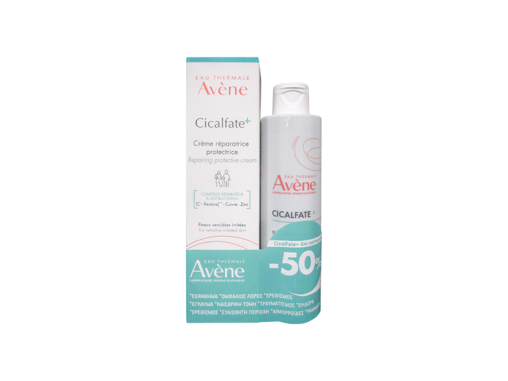 Avene Promo (-50%) με Cicalfate+ Επανορθωτική Κρέμα, 100ml & Cicalfate+ Εξυγιαντικό Τζελ Καθαρισμού, 200ml, 1σετ