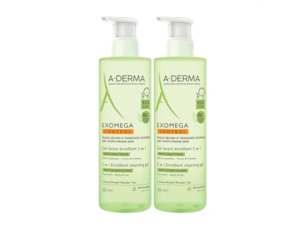 A-Derma Promo Set Exomega Control 2 in 1 Anti-Scratching Emollient (-50% στο Δεύτερο Προϊόν) 2x500ml, Τζελ Καθαρισμού, 2τμχ