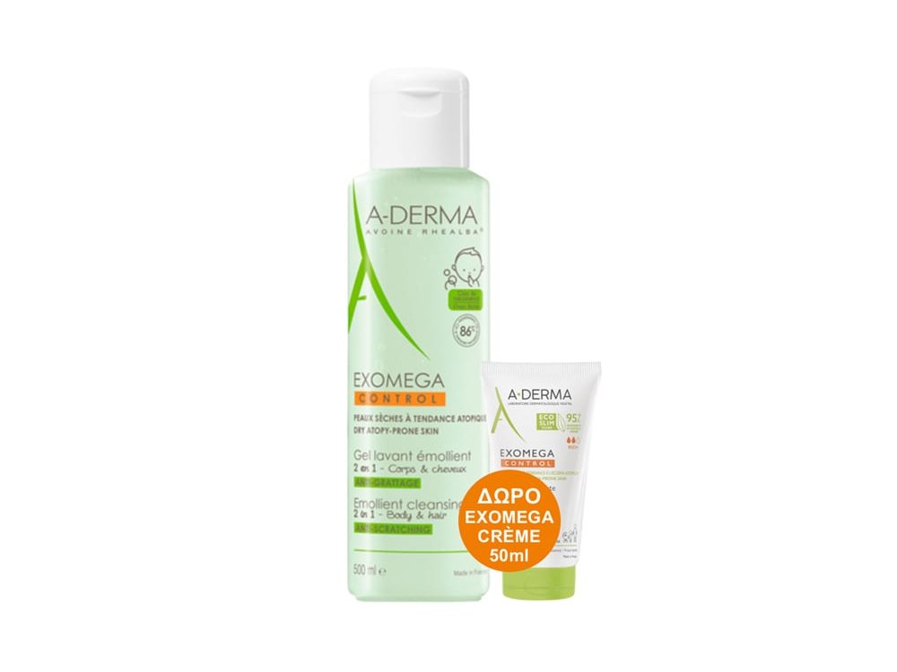 A-Derma Promo Exomega Control Anti-Scratching 2in1 Emollient Cleansing Gel Μαλακτικό Τζελ Καθαρισμού 2σε1 για Σώμα & Μαλλιά, 500ml & Δώρο Exomega Control Emollient Cream Μαλακτική Κρέμα Κατά του Αισθήματος Κνησμού, 50ml, 1σετ
