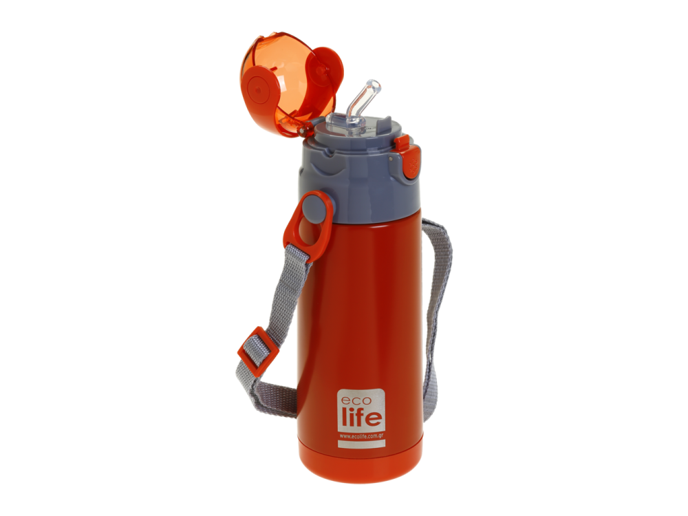 Eco Life Kids Thermos, Παγουράκι Θερμός Inox με Διπλό Τοίχωμα με Καλαμάκι, Χρώμα Κόκκινο, 400ml