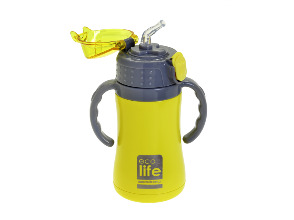 Eco Life Kids Thermos, Παγουράκι Θερμός Inox με Διπλό Τοίχωμα με Καλαμάκι, Χρώμα Κίτρινο, 300ml