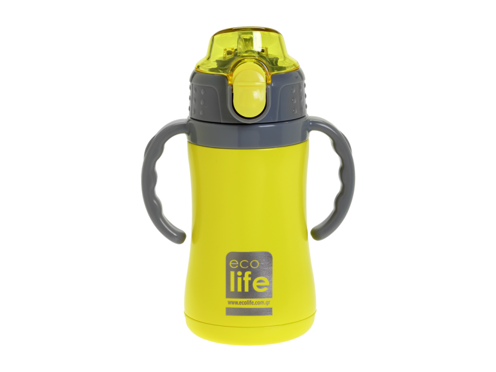 Eco Life Kids Thermos, Παγουράκι Θερμός Inox με Διπλό Τοίχωμα με Καλαμάκι, Χρώμα Κίτρινο, 300ml