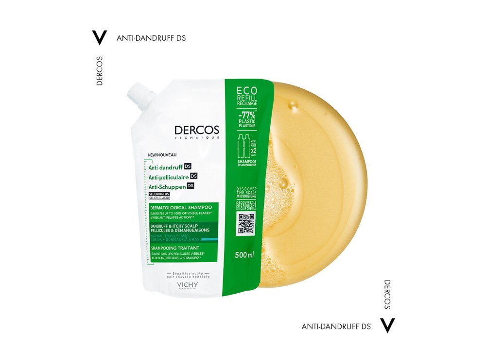 Vichy Dercos Anti-Dandruff, Αντιπυτιριδικό Σαμπουάν για Κανονικά - Λιπαρά Μαλλιά, Οικολογική συσκευασία, 500ml
