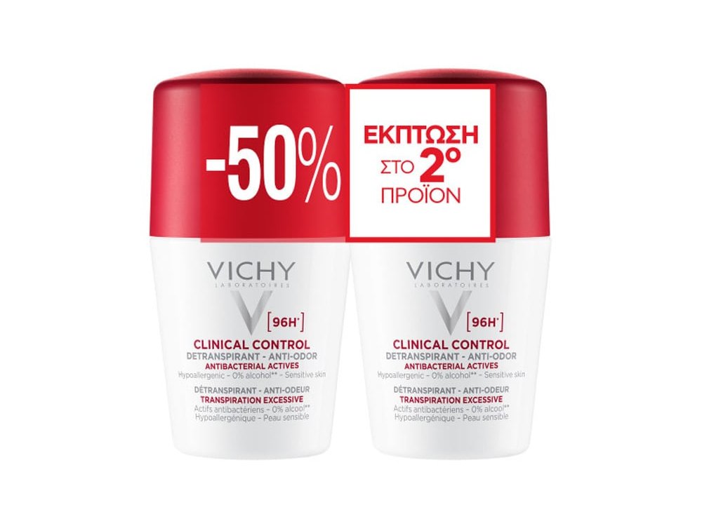 Vichy Deodorant 96h Clinical Control Roll-On Duo Promo, Αποσμητικό με έως 96 Ώρες Προστασίας (-50% στο 2ο Προϊόν), 2x50ml
